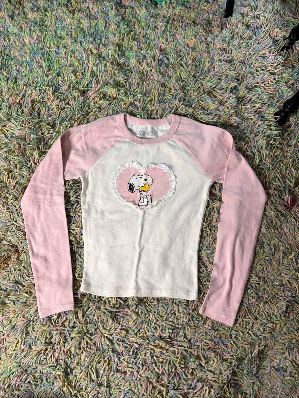Peanuts Pink and White Snoopy Heart Raglan Long Sleeve Tee